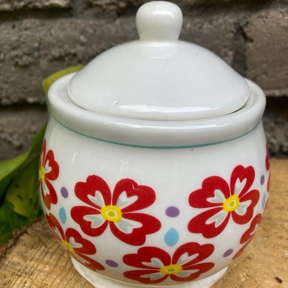 Pioneer Woman "Flea Market Red Flower" Covered Sugar Pot Bowl - Picture 1 of 4